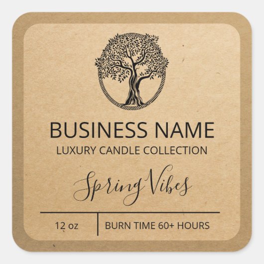 ツリー自然クラフト紙大豆キャンドルラベル スクエアシール (正面)