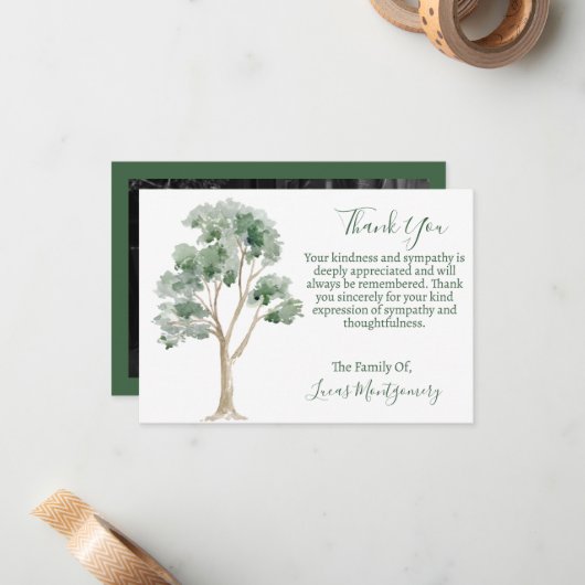 ツリー葬儀の写真ありがとう，悔やみや弔慰 ノートカード (正面/裏面インサイチュ)