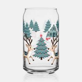 ツリー間のクリスマスのトナカイと雪だるま ガラス缶