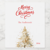 ツリー雪の白い赤のスクリプトクリスマス ワインラベル (シングルラベル)