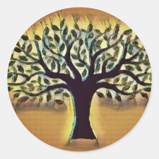 ツリー顔黄色の景観水色 ラウンドシール (正面)