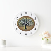 ツリー顔黄色の景観水色 ラージ壁時計 (ホーム)