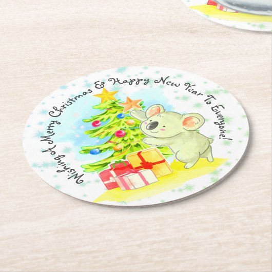 ツリー&スターオーストラリアクリスマスパーティー付きコアラ ラウンドペーパーコースター (アングル)