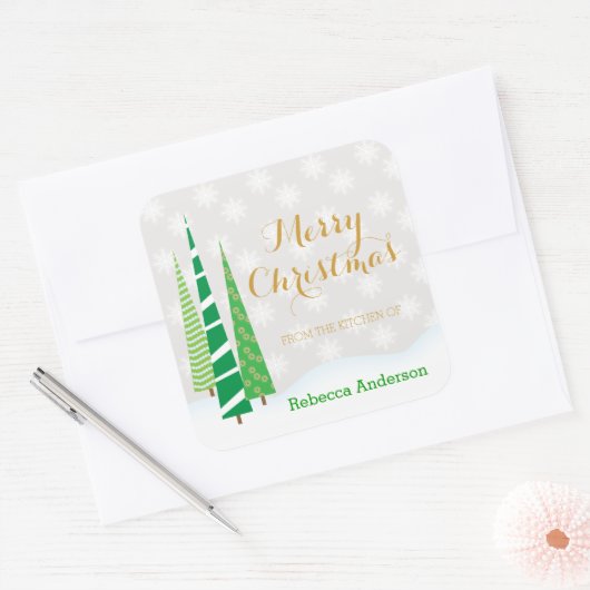 ツリー&スノーフレークスメリークリスマスベーキング スクエアシール (封筒)
