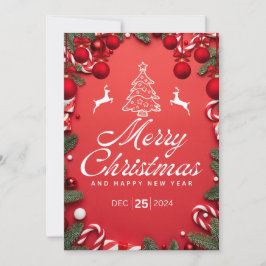 ツリー+トナカイ祭り付きレッドクリスマスカード 招待状