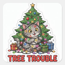 ツリー トラブル ステッカー — グレー タビー 子猫のクリスマス