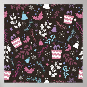 ツリー、雪、ギフトとクリスマスシームレスなパターン ポスター