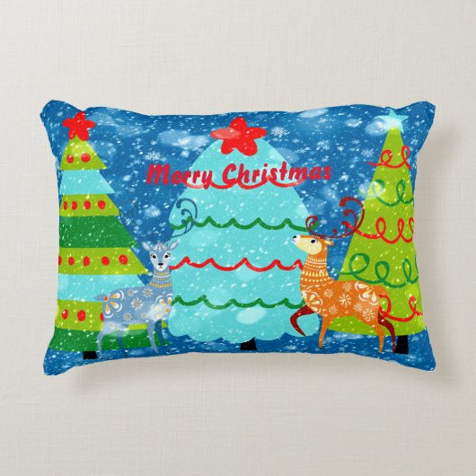 ツリー、鹿、雪とクリスマスデザイン アクセントクッション (正面)