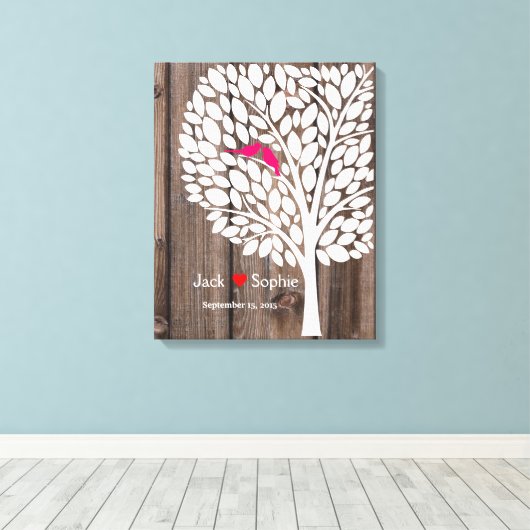 ツリ結婚ーの特徴ゲスト本の鳥ピンクの木 キャンバスプリント (インサイチュ (ウッドフロア))