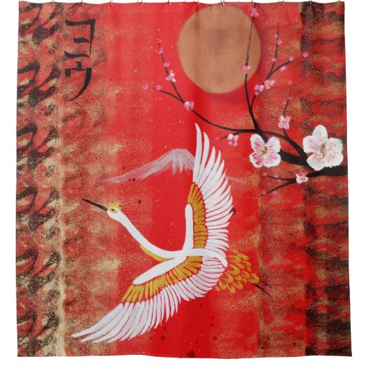 ツル日本のンサン日本桜レッド絵画ズ シャワーカーテン (正面)