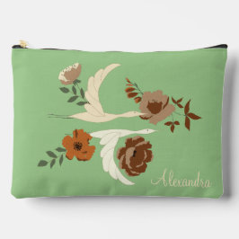 ツル飛んでいるの花と名前をカスタムするの緑 アクセサリーポーチ