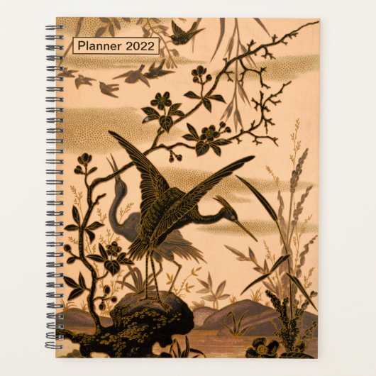 ツル、ヴィンテージ日本のアート、鳥の花が咲く木 プランナー手帳 (正面)
