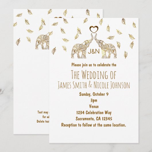 ツーエレファント＆ハートゴールド秋ウェディング招待状 招待状 (正面/裏面)