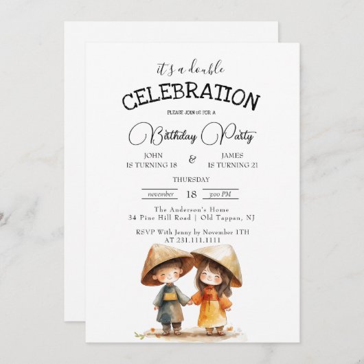 ツーキッズオリエンタルイーストアジアダブルバースデーパーティー 招待状 (正面/裏面)