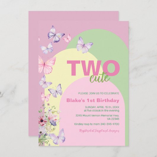 ツーキュートバタフライ誕生日招待状 (正面/裏面)