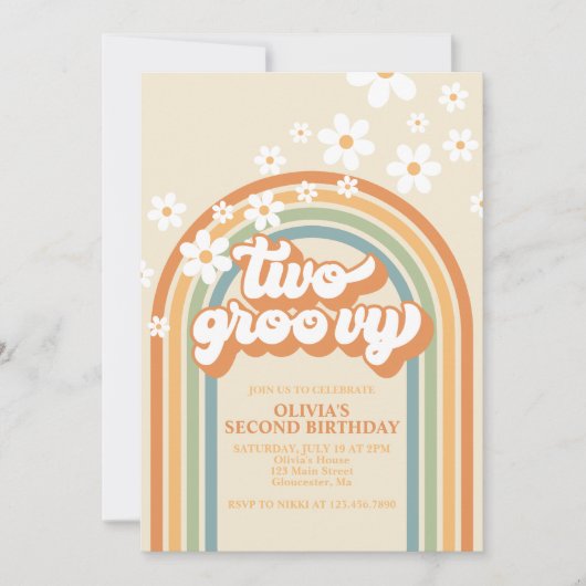 ツーグルーヴィレトロレインボーデイジー誕生日招待状 招待状 (正面)