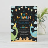 ツーサウルスブラック誕生日グリーン&ブルー恐竜 招待状 (スタンド正面)