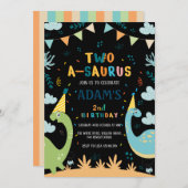 ツーサウルスブラック誕生日グリーン&ブルー恐竜 招待状 (正面/裏面)