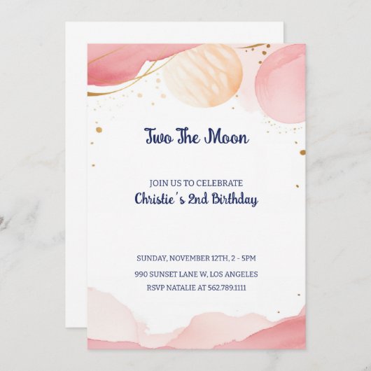 ツーザムーンガール2nd誕生日パーティの招待状 招待状 (正面/裏面)