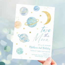 ツーザムーンパステルブルー金ゴールド誕生日 招待状