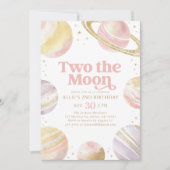 ツーザムーンピンクと金ゴールド宇宙誕生日 招待状 (正面)