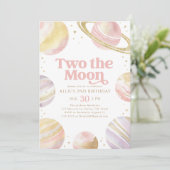 ツーザムーンピンクと金ゴールド宇宙誕生日 招待状 (スタンド正面)