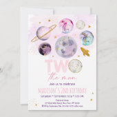 ツーザムーンピンク金ゴールド宇宙誕生日 招待状 (正面)