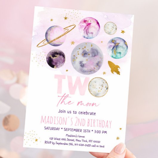 ツーザムーンピンク金ゴールド宇宙誕生日 招待状