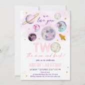 ツーザムーンピンク金ゴールド宇宙誕生日 招待状 (正面)