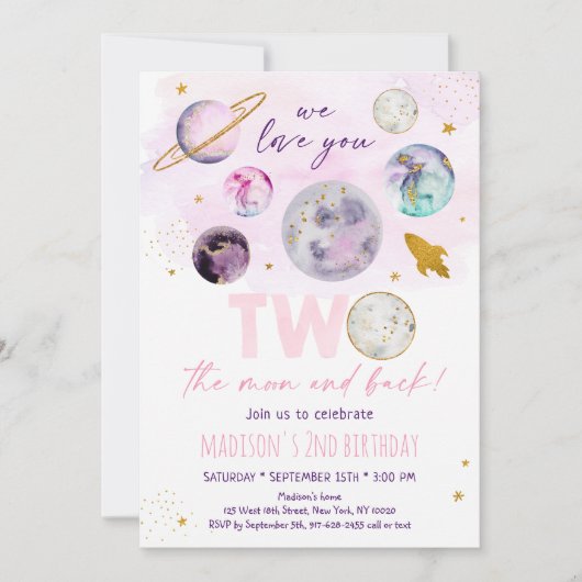ツーザムーンピンク金ゴールド宇宙誕生日 招待状 (正面)