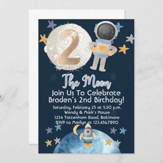 ツーザムーン宇宙宇宙飛行士誕生日招待状 招待状 (正面/裏面)