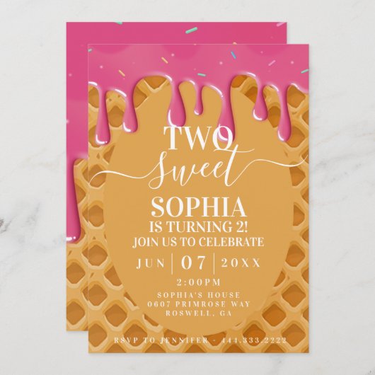 ツースイーツアイスクリーム子供の誕生日招待状 招待状 (正面/裏面)