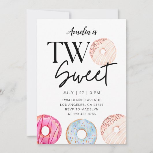 ツースイーツドーナツテーマ2nd誕生日パーティー 招待状 (正面)