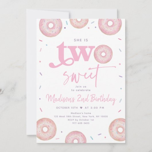 ツースイーツピンクパステルドーナツセカンド誕生日 招待状 (正面)