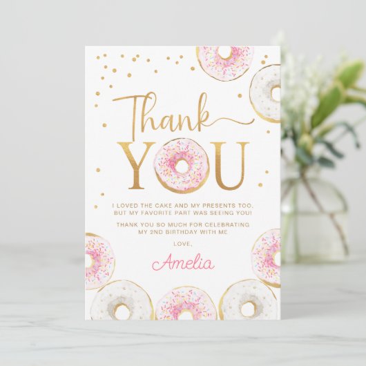 ツースイートピンク金ゴールドドーナツ誕生日 サンキューカード (スタンド正面)