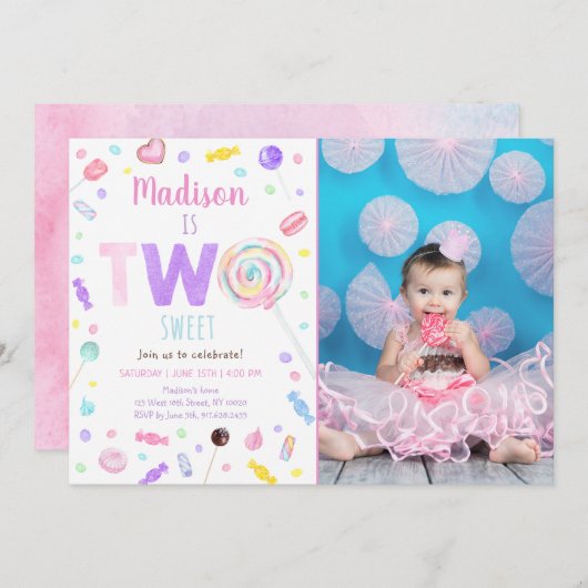 ツースウィート棒つきキャンデーキャンディセカンド誕生日 招待状 (正面/裏面)
