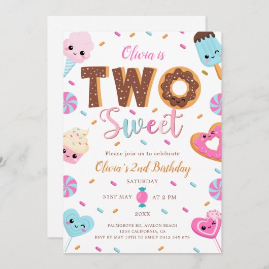 ツースウィート誕生日 | 2ndバースデーガールドーナツ 招待状 (正面/裏面)