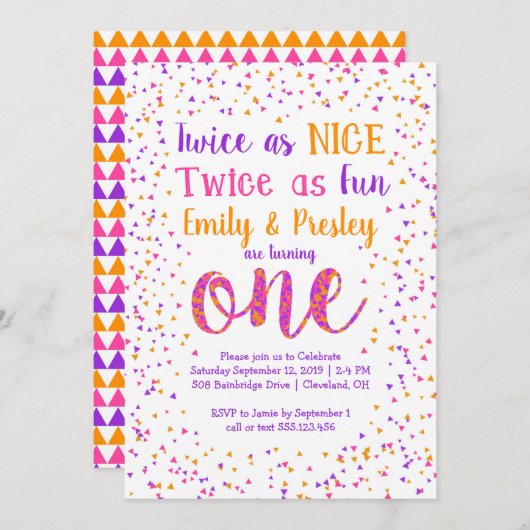 ツーズナイス紙吹雪ツインガールズファースト誕生日 招待状 (正面/裏面)