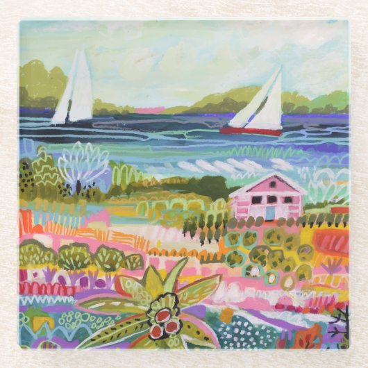 ツーセイラボーツとコテージ ガラスコースター (正面)