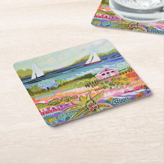 ツーセイラボーツとコテージ スクエアペーパーコースター (アングル)