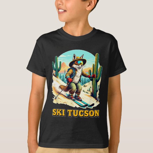 ツーソン砂漠の冒険 レトロなキツネのスキー Tシャツ (正面)