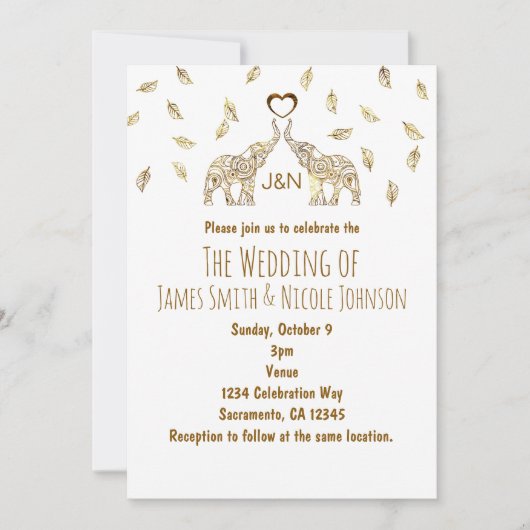 ツーゾウ&ハート金ゴールド秋の結婚式招待状 招待状 (正面)