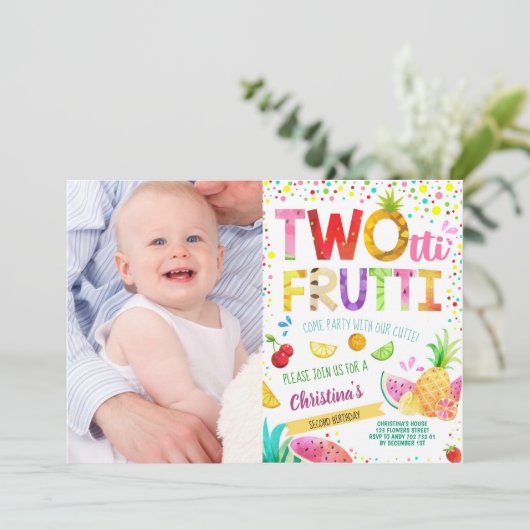 ツーッティフルッティ2ndガール誕生日カスタム写真 招待状 (スタンド正面)