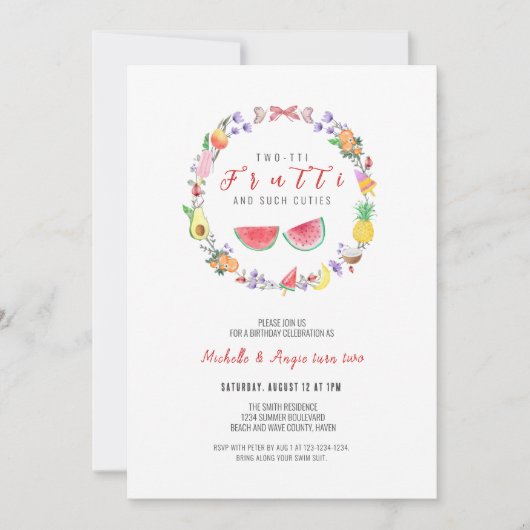 ツーッティフルーティガール誕生日、夏の2回目の誕生日 招待状 (正面)
