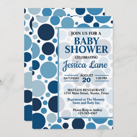 ツートーンブルー水玉模様ベビーシャワー招待状 招待状 (正面/裏面)