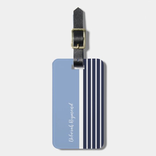 ツートーンブルー航海のストライプの ラゲッジタグ (正面縦)