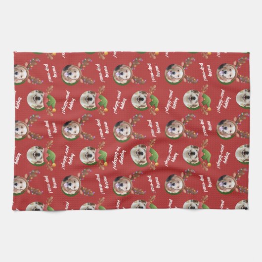 ツードッグフォト小妖精や小人&トナリアアントラーハットクリスマス キッチンタオル (横)