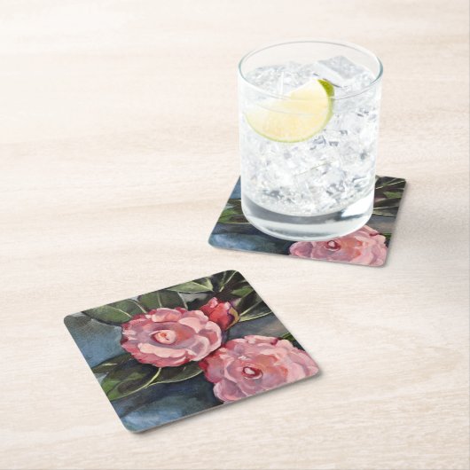 ツーピンクカメリアスファインアート油彩画 スクエアペーパーコースター (インサイチュ)