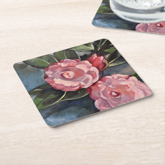 ツーピンクカメリアスファインアート油彩画 スクエアペーパーコースター (アングル)