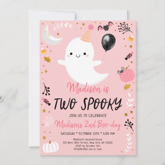 ツーピンク不気味幽霊ハロウィーン誕生日 招待状 (正面)